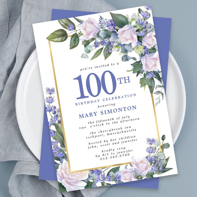 Invitación Floral de oro blanco azul 100 cumpleaños (Subido por el creador)