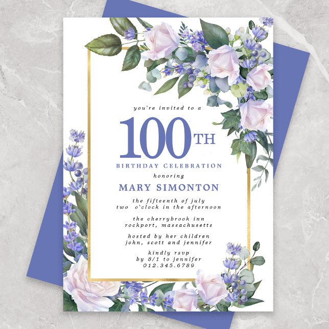 Invitación Floral de oro blanco azul 100 cumpleaños (Subido por el creador)