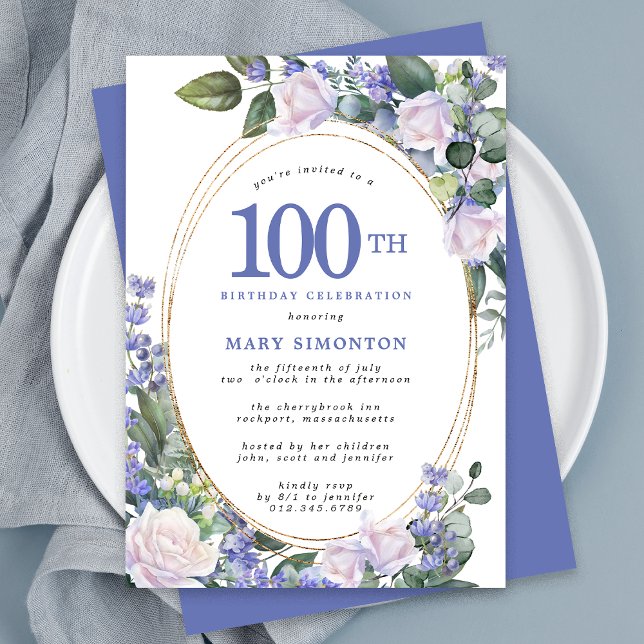 Invitación Floral de oro blanco azul 100 cumpleaños (Subido por el creador)