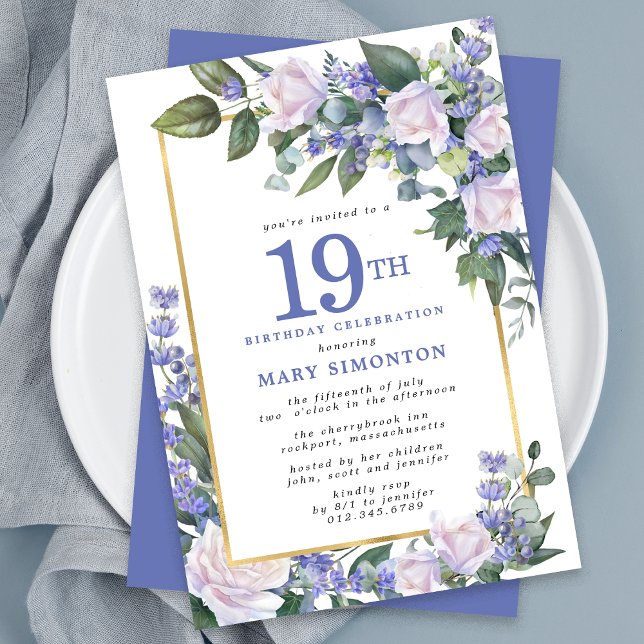 Invitación Floral de oro blanco azul 19 cumpleaños (Subido por el creador)