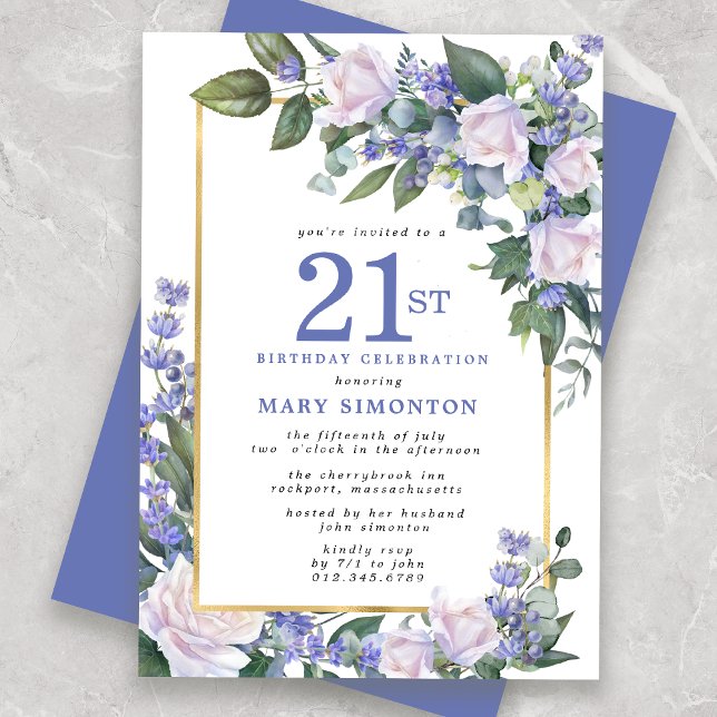 Invitación Floral de oro blanco azul 21 cumpleaños (Subido por el creador)