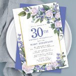 Invitación Floral de oro blanco azul 30 cumpleaños<br><div class="desc">Honre a una mujer especial con esta elegante y femenina invitación a la fiesta de cumpleaños número 30. 30 está escrito en gran texto azul. Sigue la celebración del cumpleaños. El nombre de la clientela distinguida también está escrito en mayúsculas azules. El resto del texto es gris de paloma suave....</div>