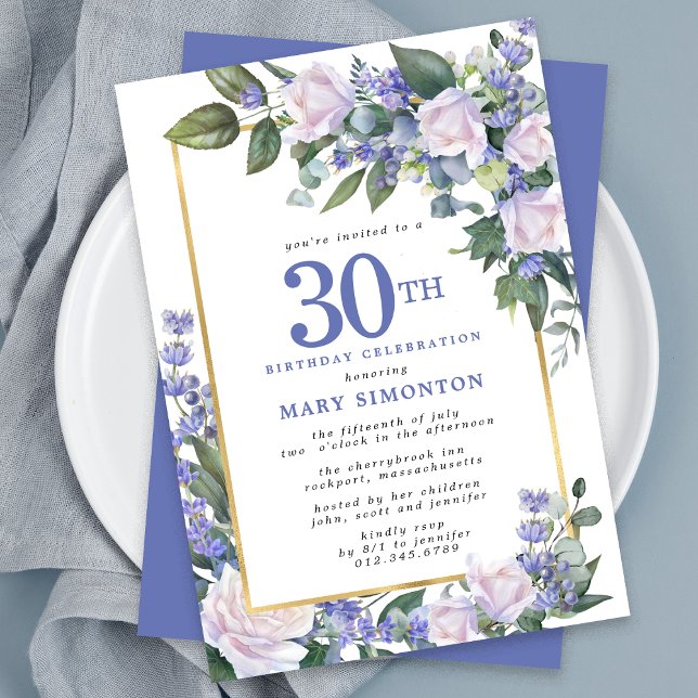 Invitación Floral de oro blanco azul 30 cumpleaños (Subido por el creador)