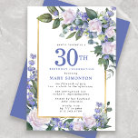 Invitación Floral de oro blanco azul 30 cumpleaños<br><div class="desc">Honre a una mujer especial con esta elegante y femenina invitación a la fiesta de cumpleaños número 30. 30 está escrito en gran texto azul. Sigue la celebración del cumpleaños. El nombre de la persona honrada también está escrito en mayúsculas azules. El resto del texto es gris de paloma suave....</div>