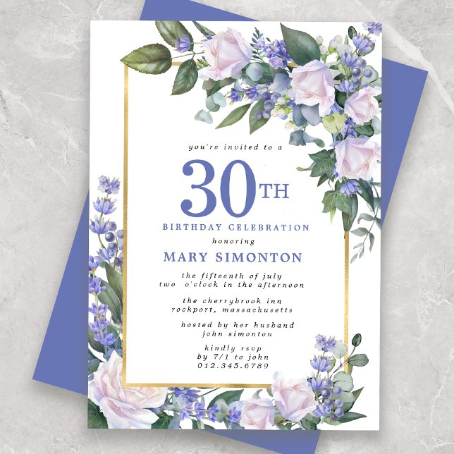 Invitación Floral de oro blanco azul 30 cumpleaños (Subido por el creador)