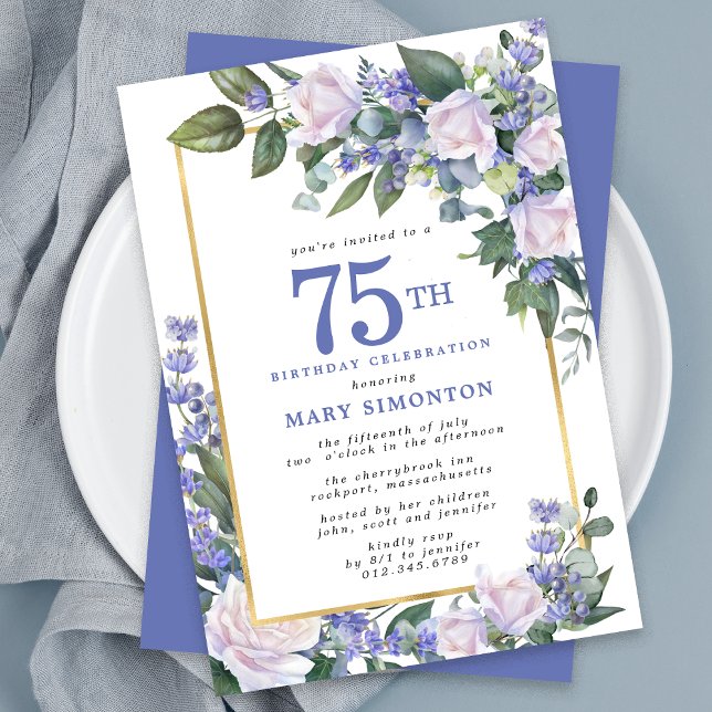 Invitación Floral de oro blanco azul 75º cumpleaños (Subido por el creador)