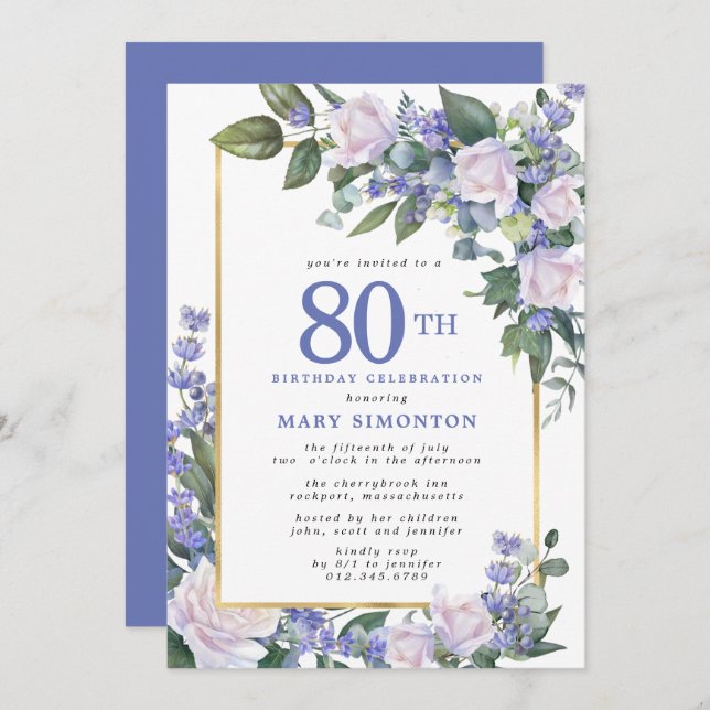 Invitación Floral de oro blanco azul 80 cumpleaños (Anverso / Reverso)