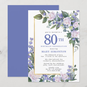 Invitación Floral de oro blanco azul 80 cumpleaños