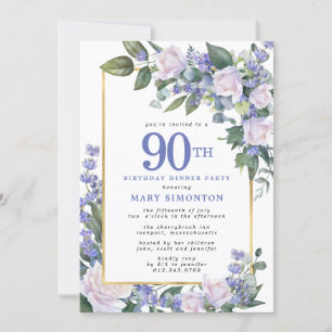 Invitación Floral de oro blanco azul 90ª cena de cumpleaños