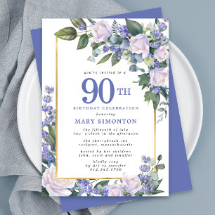Invitación Floral de oro blanco azul 90 cumpleaños