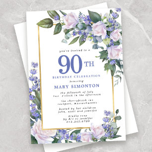 Invitación Floral de oro blanco azul 90 cumpleaños