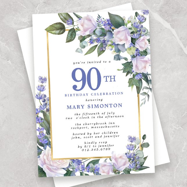 Invitación Floral de oro blanco azul 90 cumpleaños (Subido por el creador)