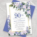 Invitación Floral de oro blanco azul 90 cumpleaños<br><div class="desc">Honre a una mujer especial con esta elegante y femenina invitación a la fiesta de cumpleaños número 90. 90 está escrito en un gran texto azul. Sigue la celebración del cumpleaños. El nombre de la persona honrada también está escrito en mayúsculas azules. El resto del texto es gris de paloma...</div>