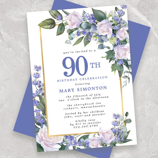 Invitación Floral de oro blanco azul 90 cumpleaños (Subido por el creador)