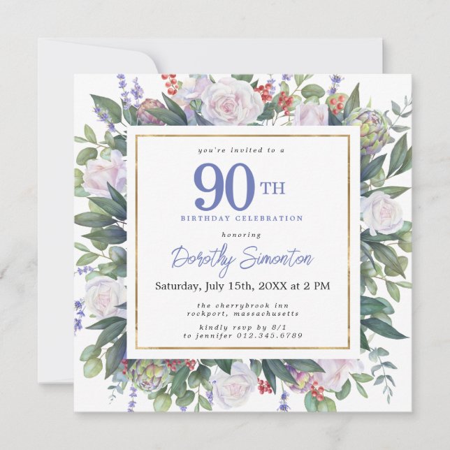 Invitación Floral de oro blanco azul 90 cumpleaños cuadrado (Anverso)