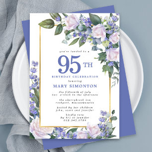 Invitación Floral de oro blanco azul 95º cumpleaños