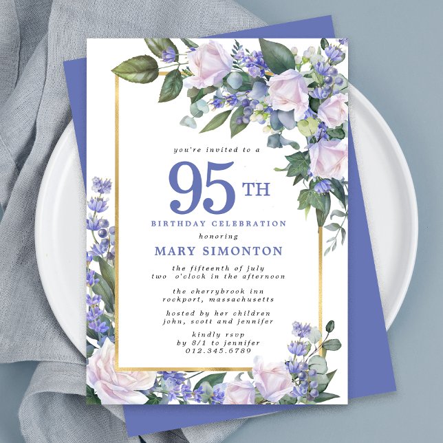 Invitación Floral de oro blanco azul 95º cumpleaños (Subido por el creador)