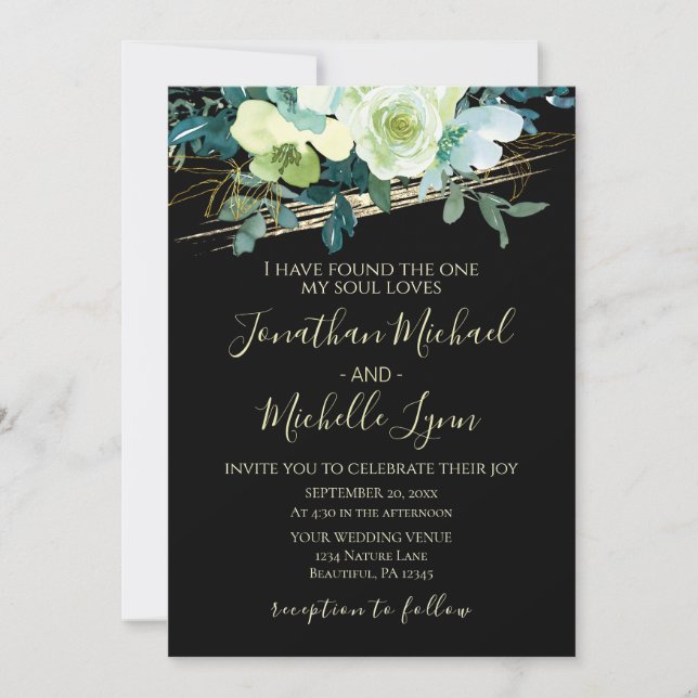 Invitación Floral de oro blanco azul sobre Boda cristiano neg (Anverso)