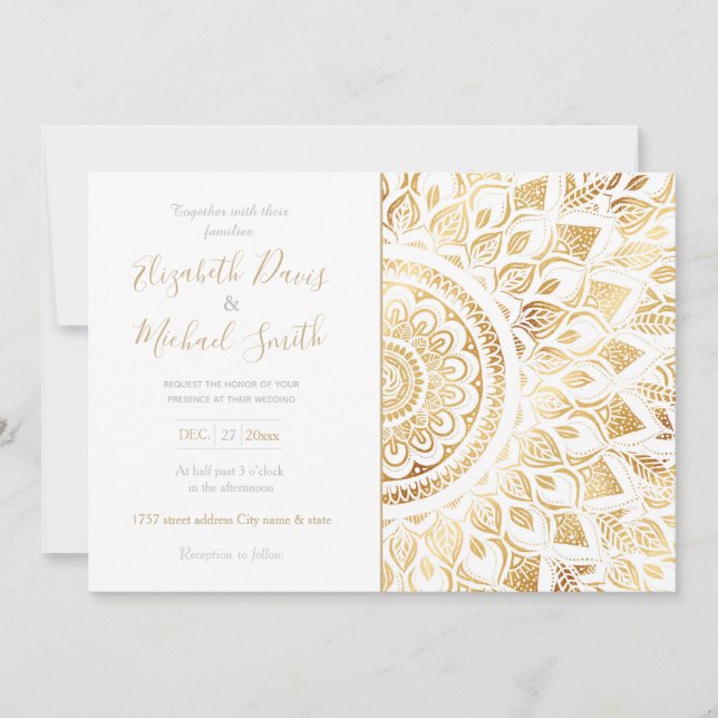 Invitación Floral de oro blanco de Girly Mandala (Anverso)