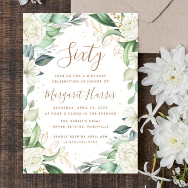 Invitación Floral de oro blanco Eucalyptus 60 cumpleaños (Subido por el creador)