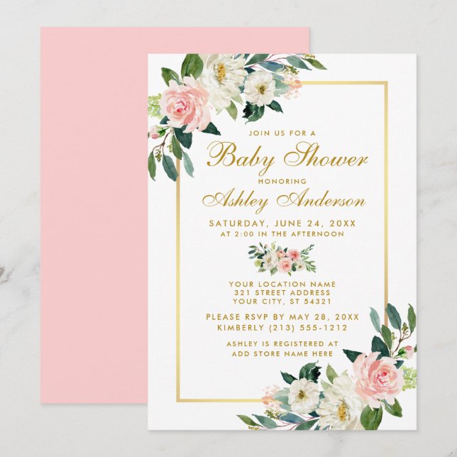 Invitación floral de oro blanco rosado de Baby Sho (Anverso / Reverso)