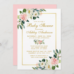 Invitación floral de oro blanco rosado de Baby Sho