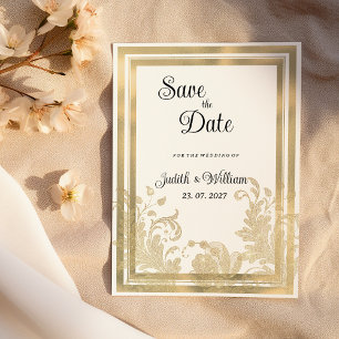 Invitación Floral de oro blanco vintage de lujo Save the Date