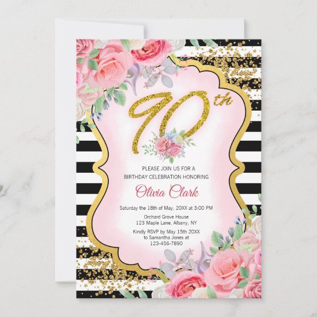 Invitación Floral de oro blanco y negro 90 cumpleaños (Anverso)
