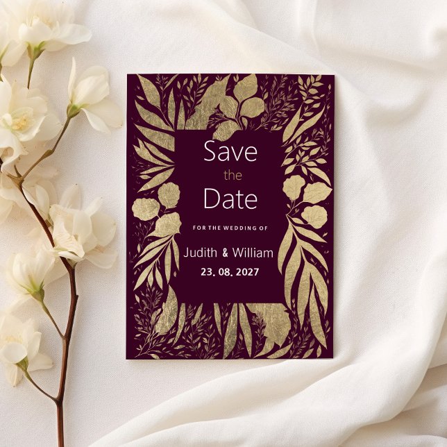 Invitación Floral de oro burdeos de lujo Save the Date (Luxury burgundy gold foliage floral Save the Date)