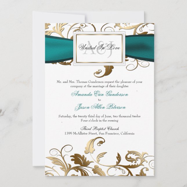 Invitación floral de oro con arco Verde azulado (Anverso)