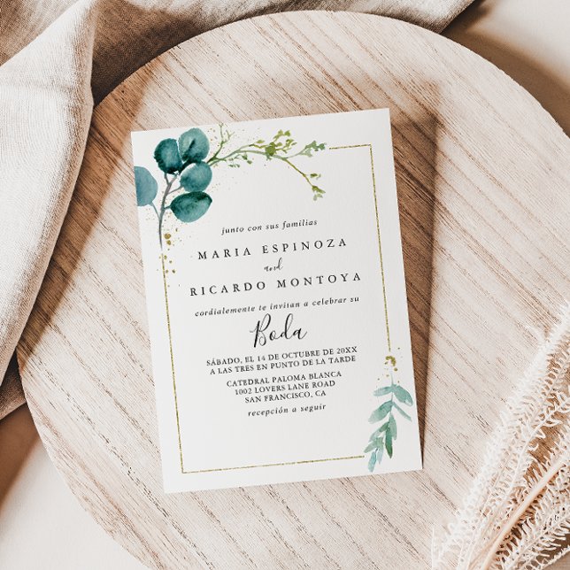 Invitación Floral de oro con vegetación tropical Boda español (Subido por el creador)