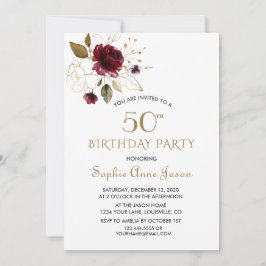 Invitación Floral de oro de Borgoña 50 cumpleaños