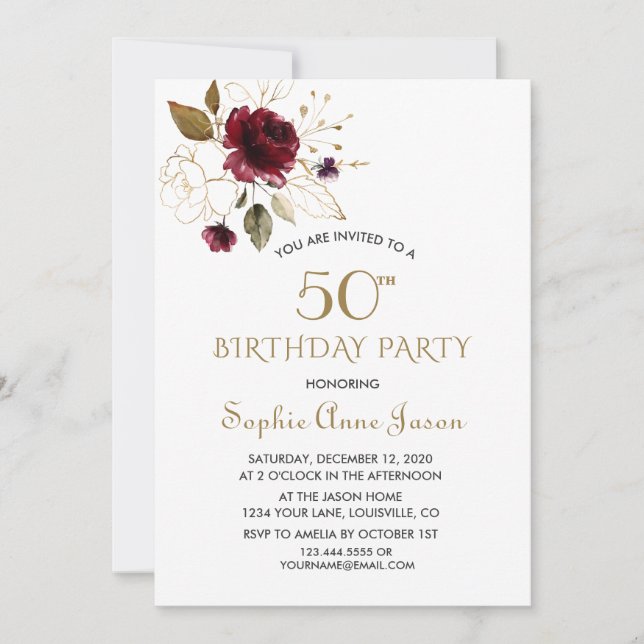 Invitación Floral de oro de Borgoña 50 cumpleaños (Anverso)