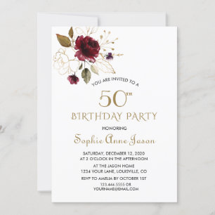 Invitación Floral de oro de Borgoña 50 cumpleaños