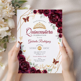 Invitación Floral de oro de Borgoña Quinceanera
