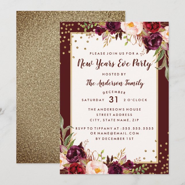 Invitación floral de oro de Fiesta de Año Nuevo (Anverso / Reverso)