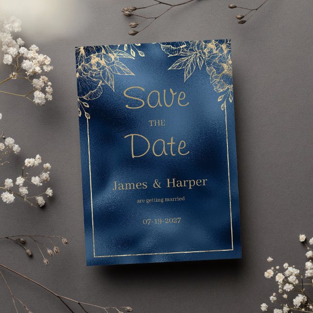Invitación Floral de oro de gradiente azul metálico Guardar l (Metallic blue gradient gold floral Save the Date)