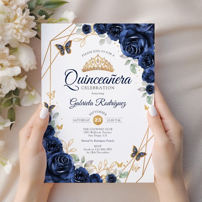 Invitación Floral de oro de la marina Quinceanera (Subido por el creador)