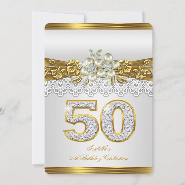 Invitación Floral de oro de la perla blanca 50 cumpleaños (Anverso)