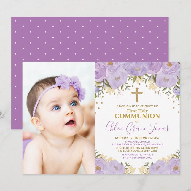 Invitación Floral de oro de lavanda púrpura primera comunión  (Anverso / Reverso)