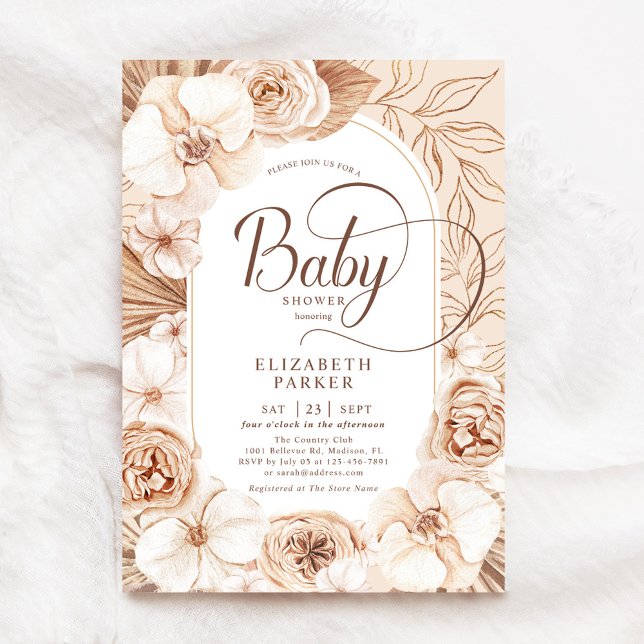 Invitación Floral de oro de Mocha neutra de Baby Shower (Subido por el creador)