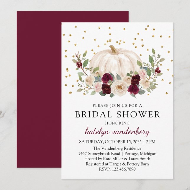 Invitación Floral de oro de otoño borgoña ducha de novia blan (Anverso / Reverso)