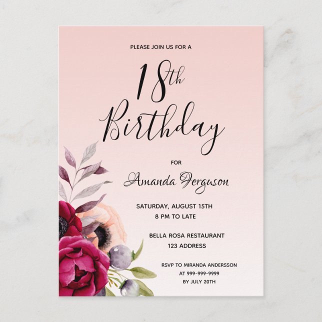 Invitación floral de oro de rosa burdeos de 18 año (Anverso)