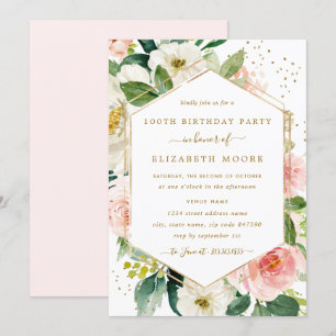 Invitación Floral de oro de Rubor 100 cumpleaños