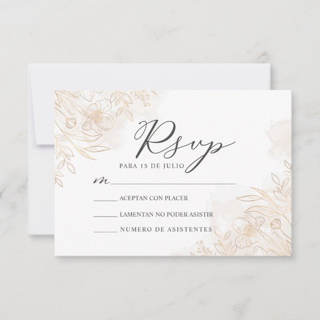Invitación Floral de oro deja a Nuestra Boda Wedding RSVP (Anverso)