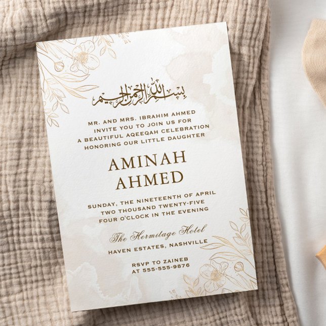 Invitación Floral de oro deja al bebé Aqiqa Aqeqa islámico (Subido por el creador)