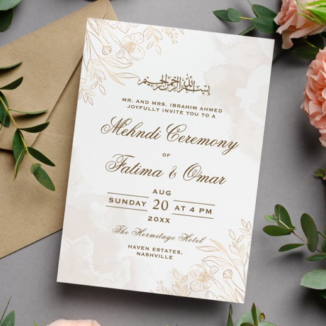 Invitación Floral de oro deja ceremonia musulmana islámica Me (Subido por el creador)