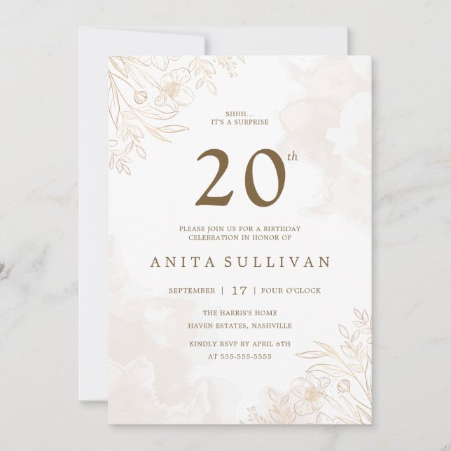 Invitación Floral de oro deja frontera 20 años (Anverso)