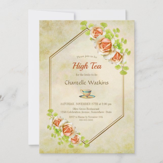 Invitación Floral de oro Geométrica Alta Tea Bridal Ducha (Anverso)