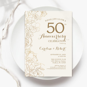 Invitación Floral de oro marfileña 50 años